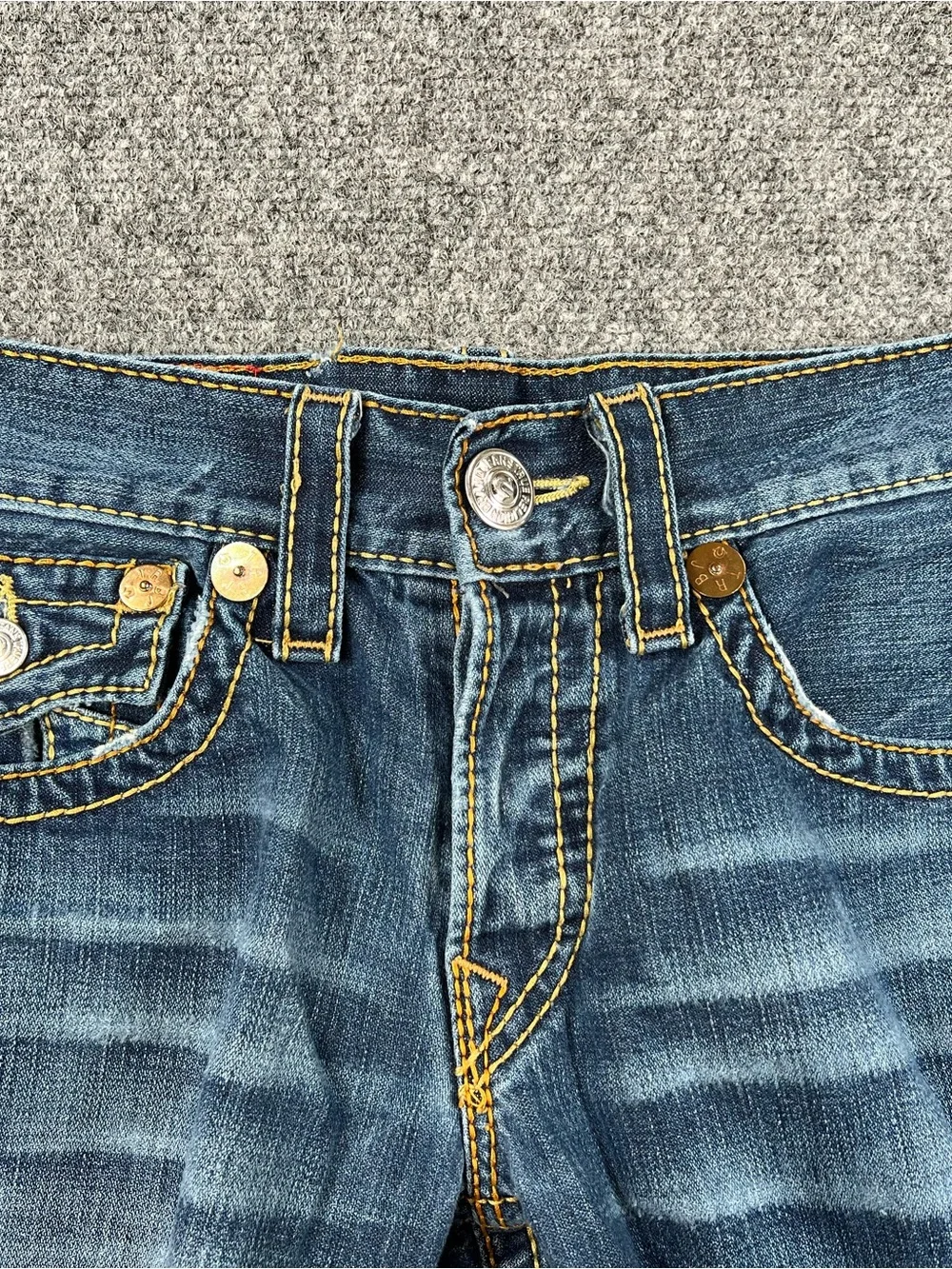 True Religion Dark Blue Denim Jeans with Yellow Contrast Stitching
